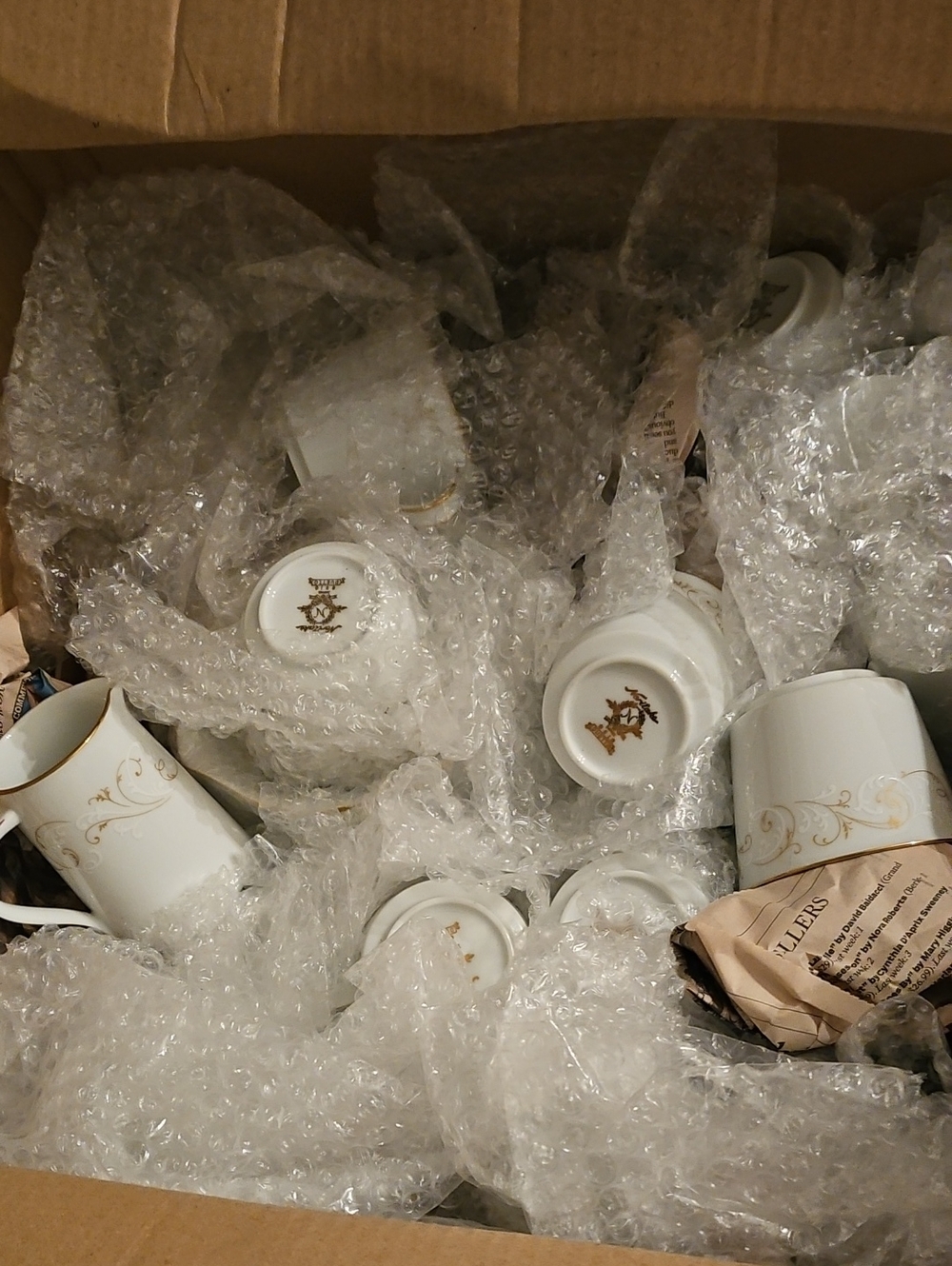 Noritake White Porcelain Mugs with Gold Scroll Accents